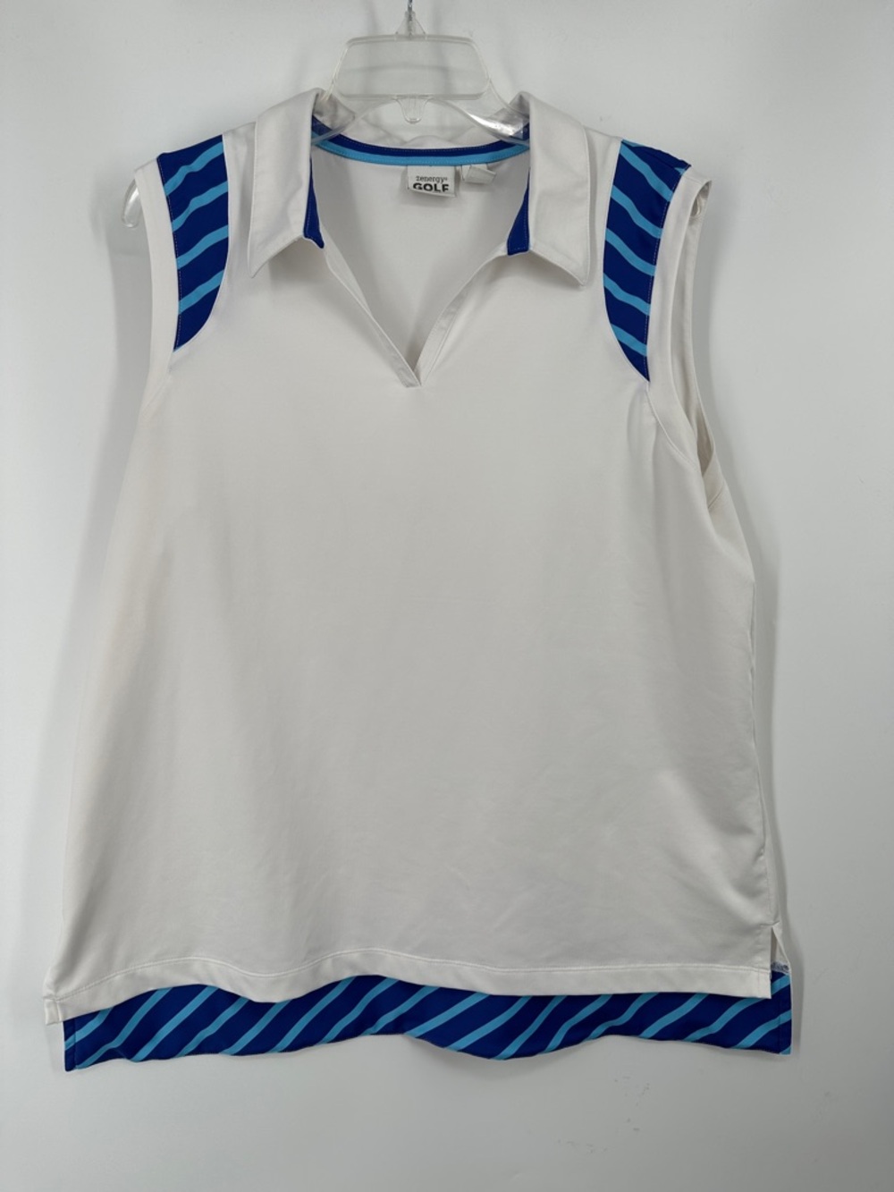 Zenergy Golf Sleeveless Polo Tank with Blue Stripe Accents